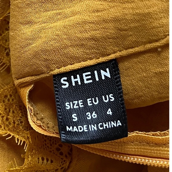 SHEIN Women’s Mustard Yellow Lace Short Sleeve Belted Wide Leg Jumpsuit Size 4 - Picture 3 of 8